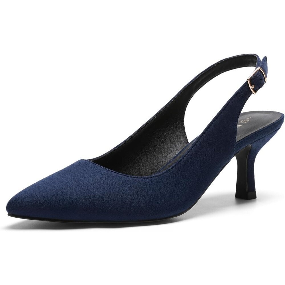 Dream Pairs Women Navy-suede Faux Suede Pointed Toe Slingback Low Kitten Heels